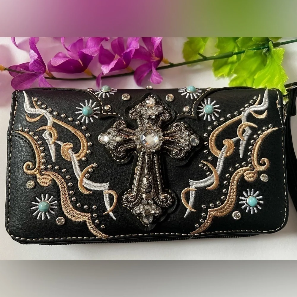 Black Embellished Cross Wristlet Wallet - Decorative Western Style